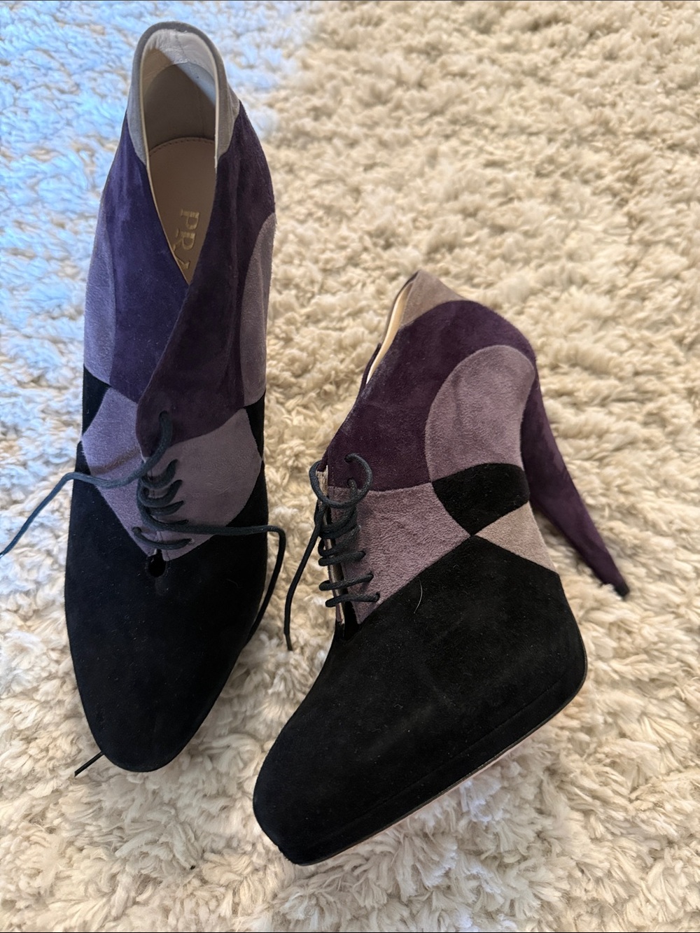 Prada Black and Purple Suede Lace-Up Colorblock Booties